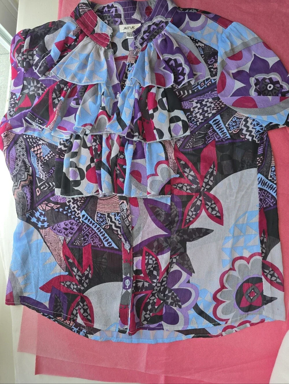 Jaipur Blue and Purple Boho Ruffled Chiffon Blouse NEW L